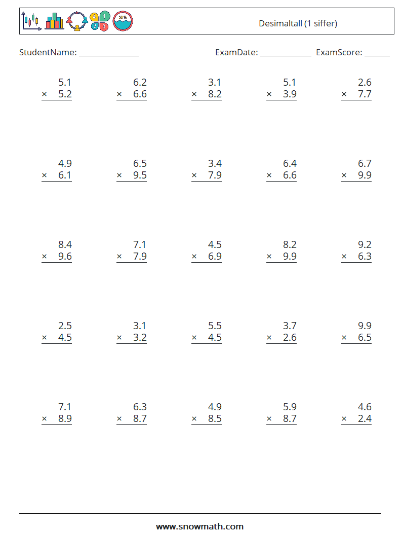 (25) Desimaltall (1 siffer) MathWorksheets 16