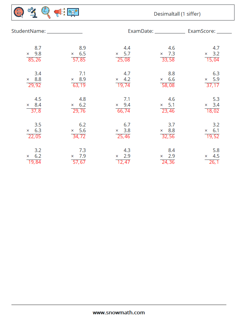 (25) Desimaltall (1 siffer) MathWorksheets 17 QuestionAnswer
