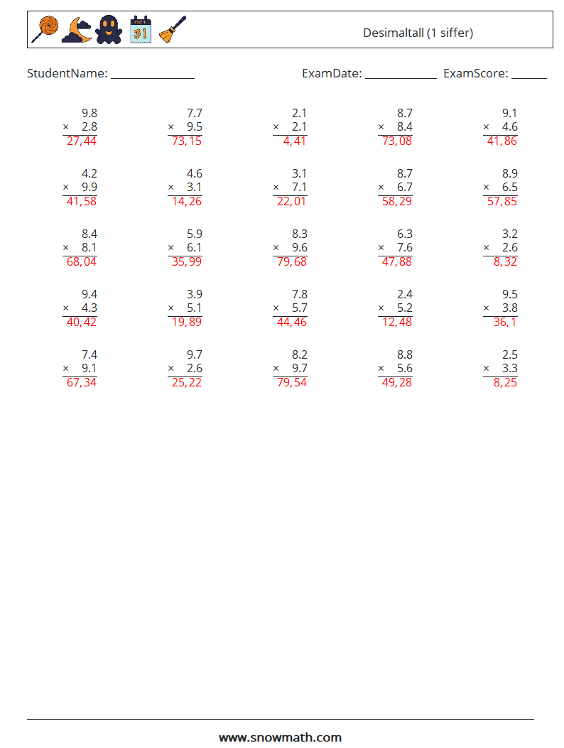 (25) Desimaltall (1 siffer) MathWorksheets 18 QuestionAnswer