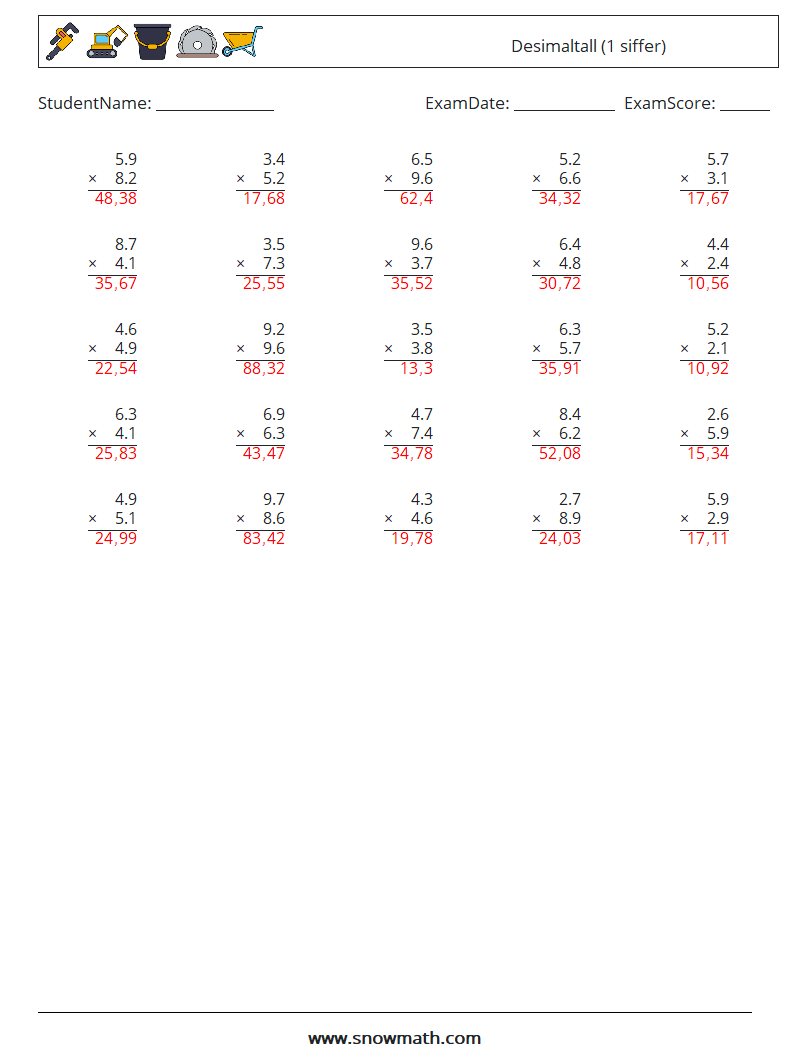 (25) Desimaltall (1 siffer) MathWorksheets 1 QuestionAnswer