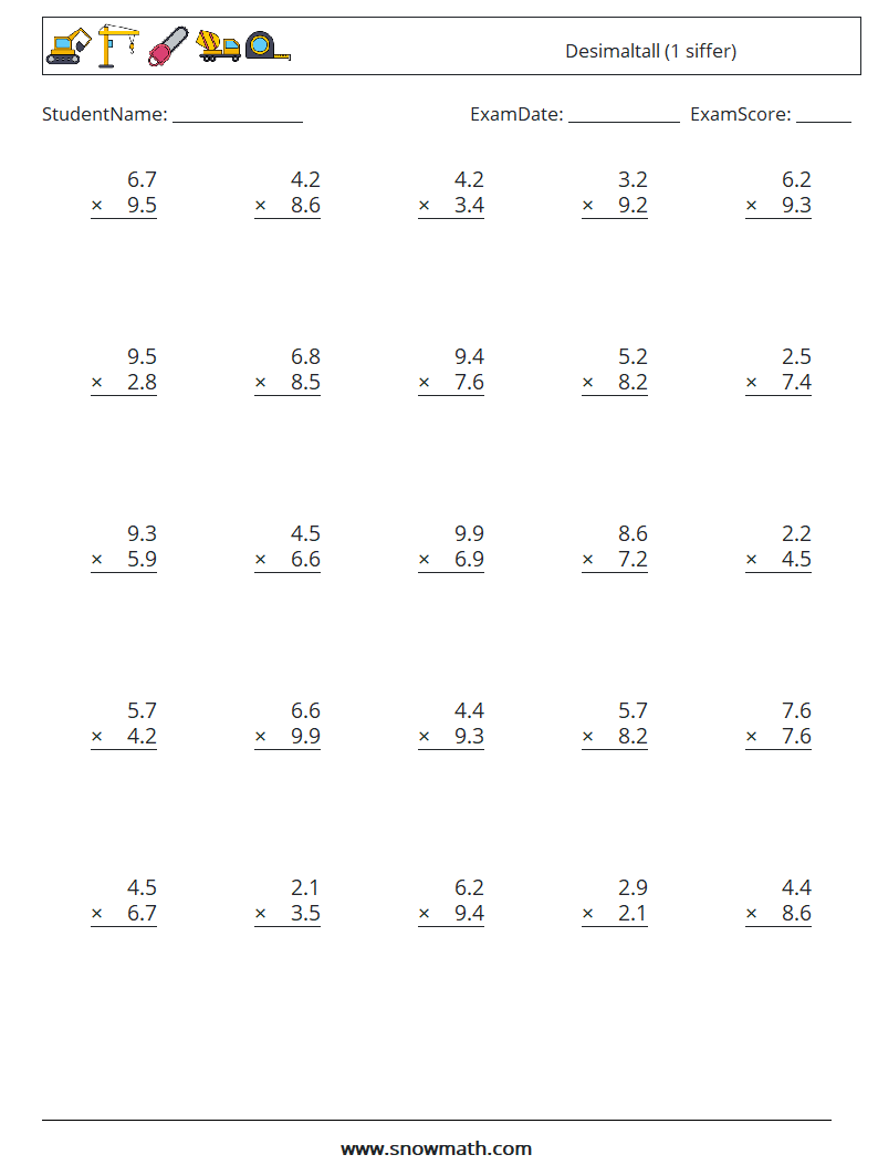 (25) Desimaltall (1 siffer) MathWorksheets 2