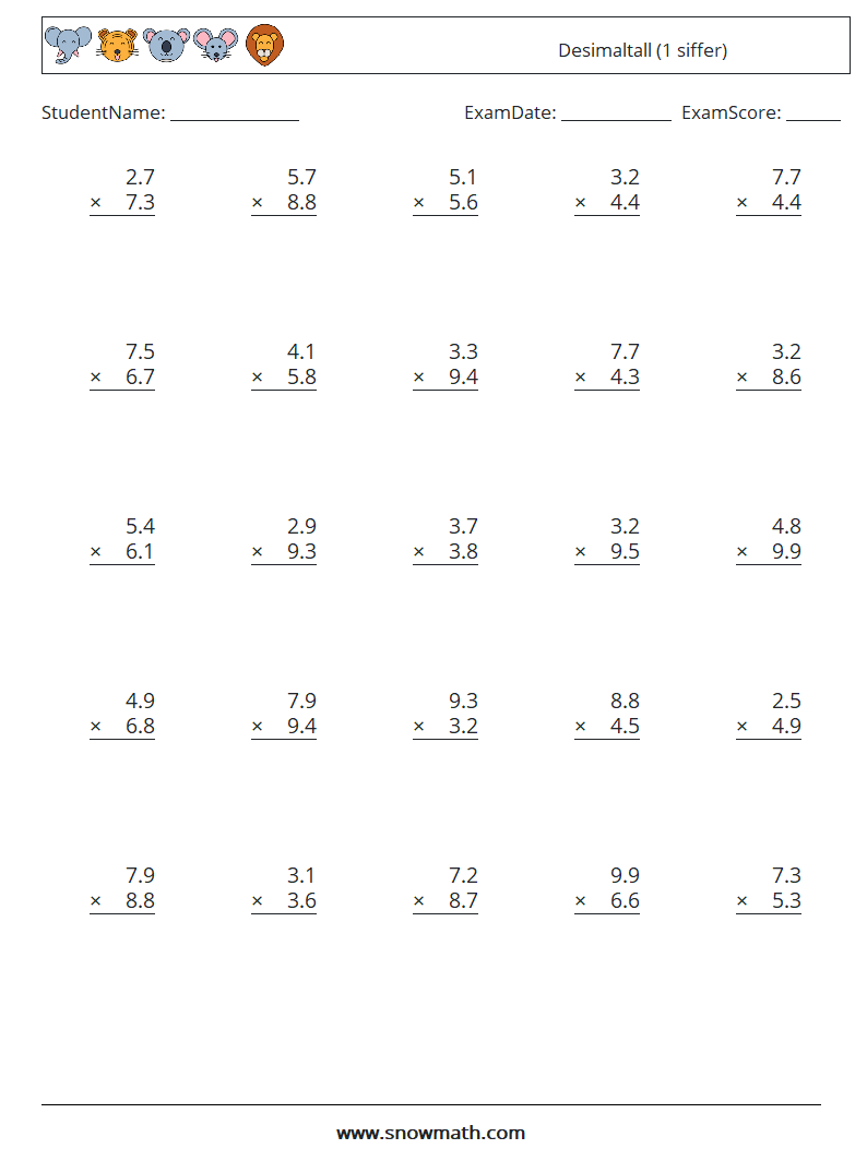 (25) Desimaltall (1 siffer) MathWorksheets 3