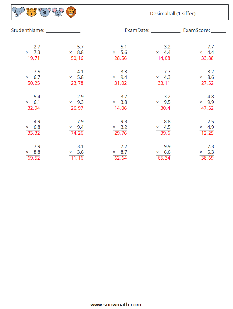 (25) Desimaltall (1 siffer) MathWorksheets 3 QuestionAnswer