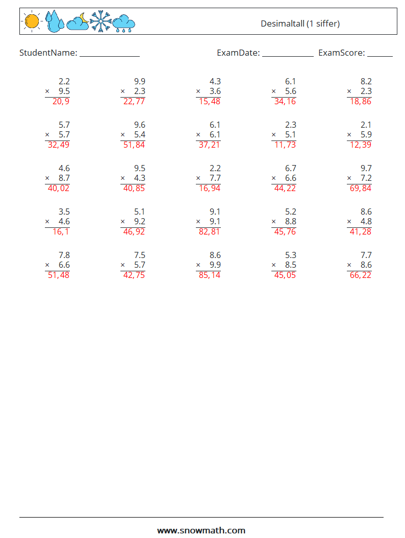 (25) Desimaltall (1 siffer) MathWorksheets 4 QuestionAnswer