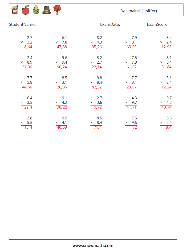 (25) Desimaltall (1 siffer) MathWorksheets 6 QuestionAnswer