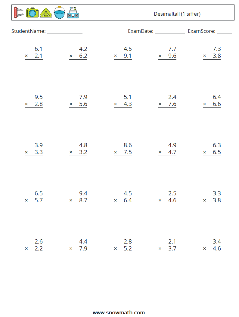 (25) Desimaltall (1 siffer) MathWorksheets 7