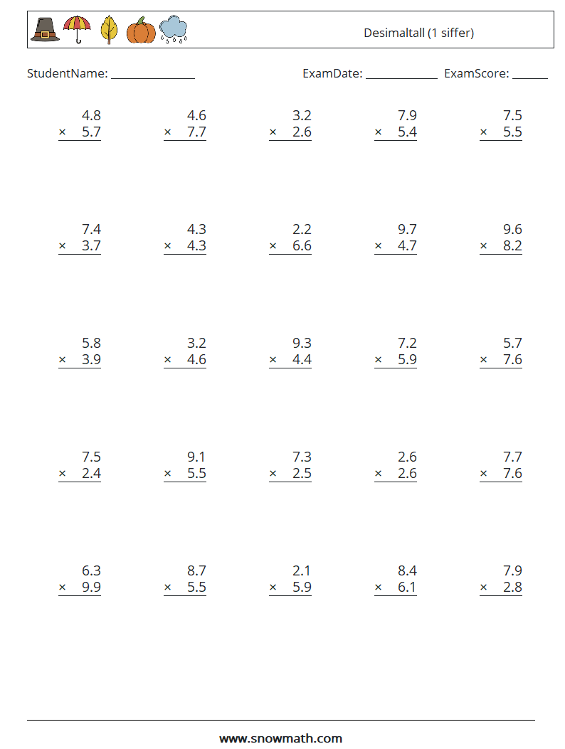 (25) Desimaltall (1 siffer) MathWorksheets 8