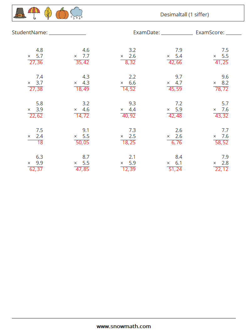 (25) Desimaltall (1 siffer) MathWorksheets 8 QuestionAnswer