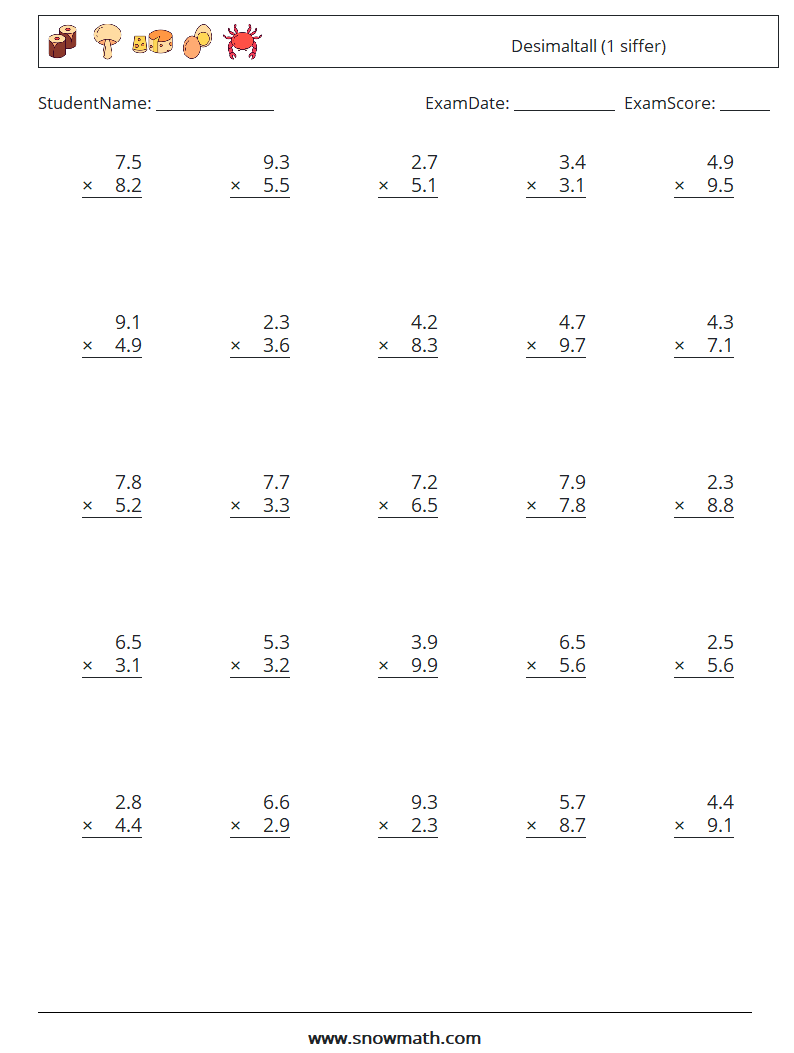 (25) Desimaltall (1 siffer) MathWorksheets 9