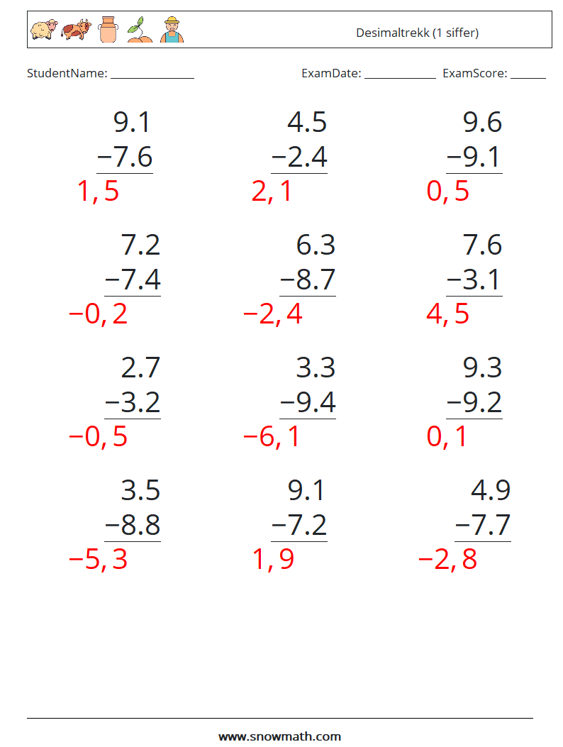 (12) Desimaltrekk (1 siffer) MathWorksheets 14 QuestionAnswer