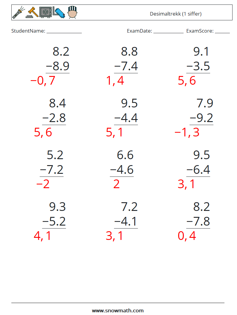 (12) Desimaltrekk (1 siffer) MathWorksheets 17 QuestionAnswer