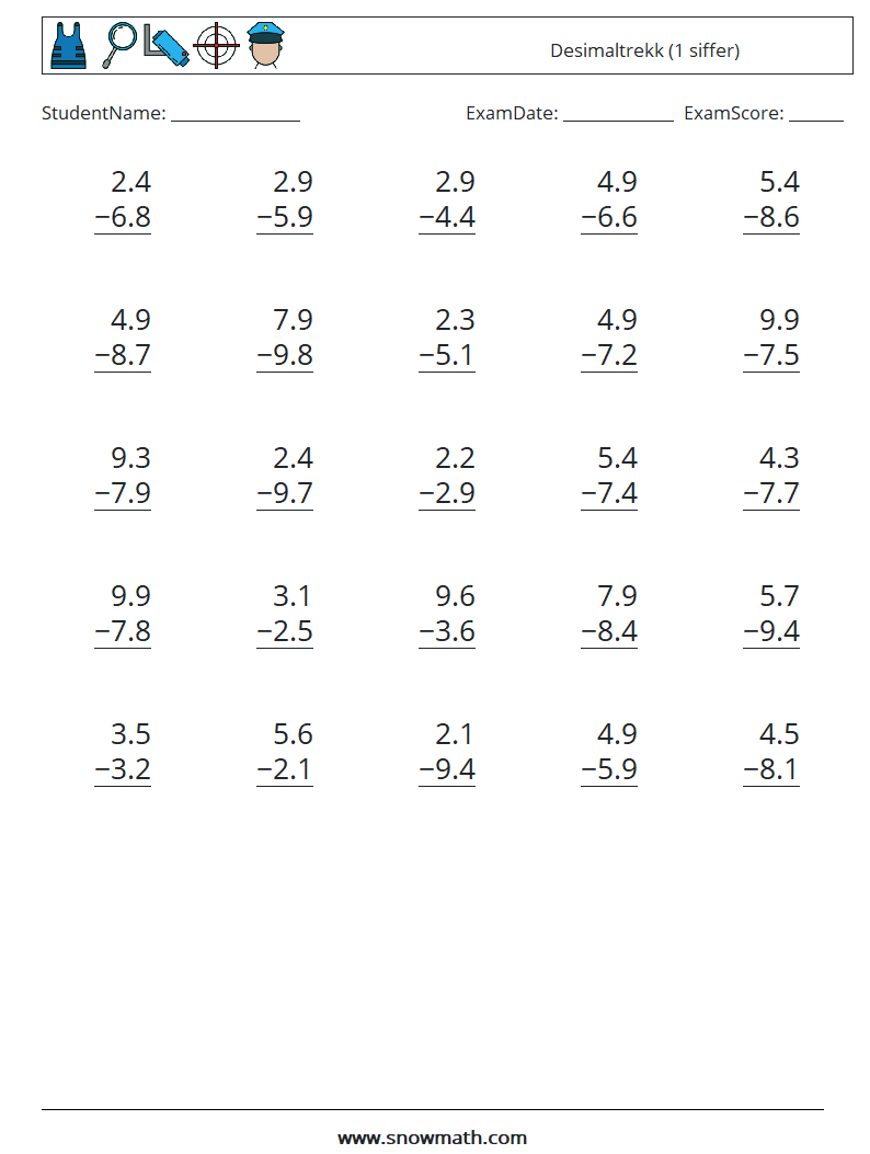 (25) Desimaltrekk (1 siffer) MathWorksheets 10