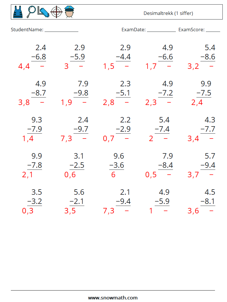 (25) Desimaltrekk (1 siffer) MathWorksheets 10 QuestionAnswer