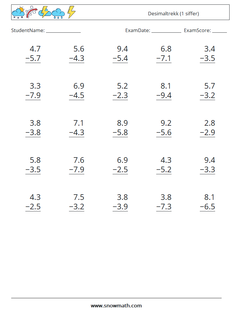 (25) Desimaltrekk (1 siffer) MathWorksheets 11