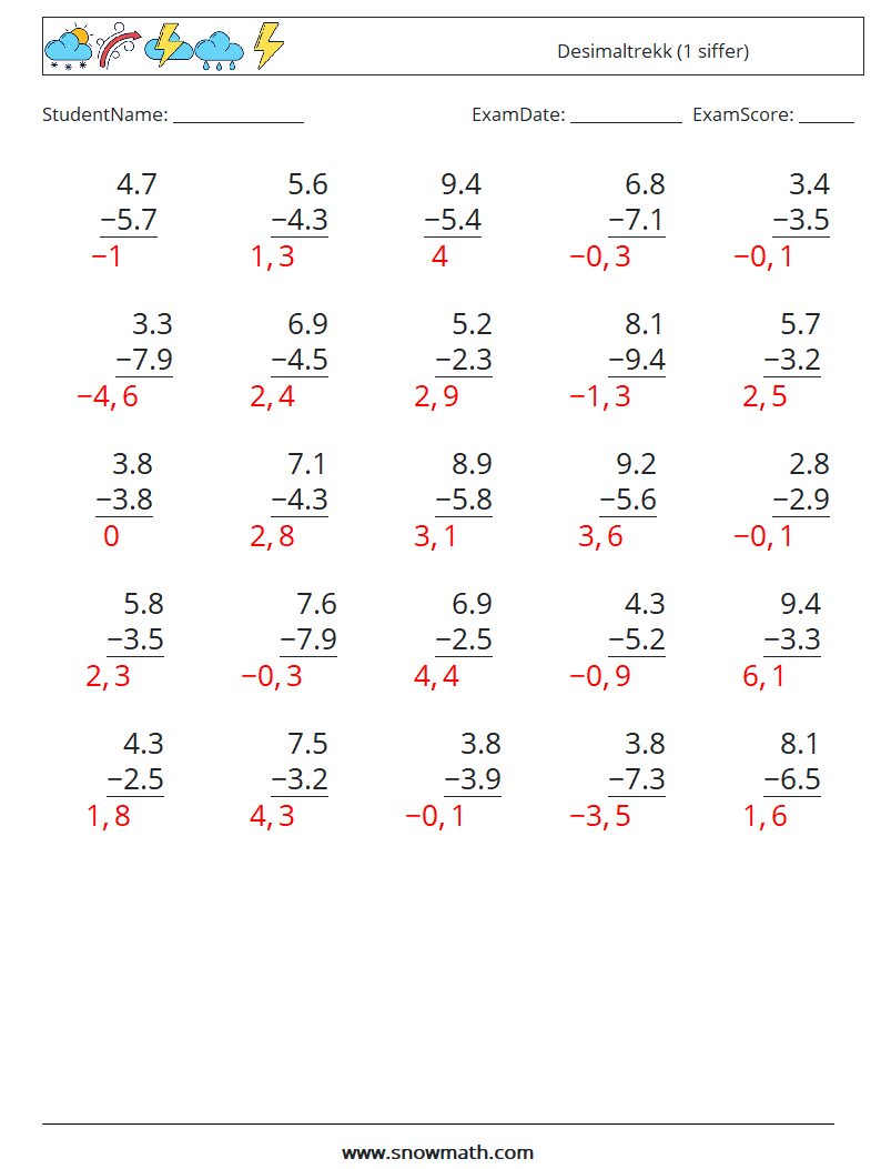 (25) Desimaltrekk (1 siffer) MathWorksheets 11 QuestionAnswer