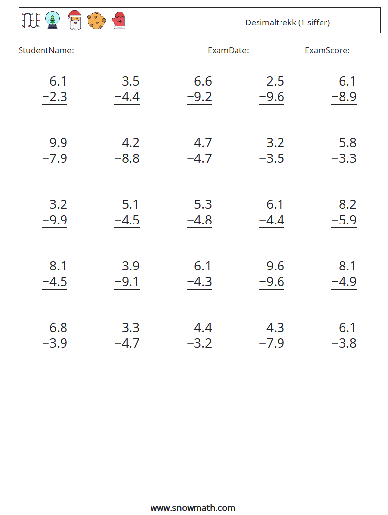(25) Desimaltrekk (1 siffer) MathWorksheets 12