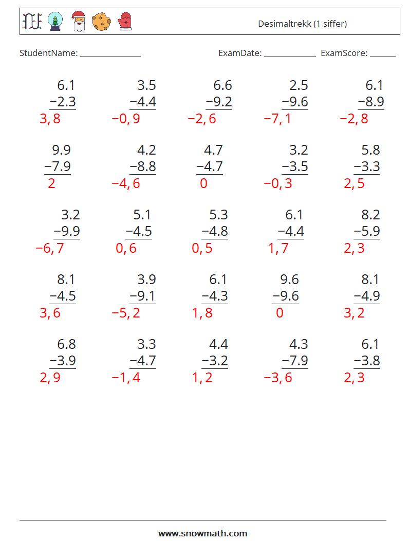 (25) Desimaltrekk (1 siffer) MathWorksheets 12 QuestionAnswer