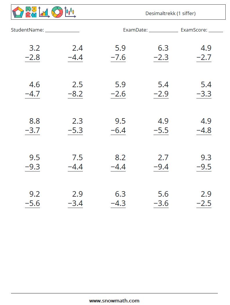 (25) Desimaltrekk (1 siffer) MathWorksheets 13