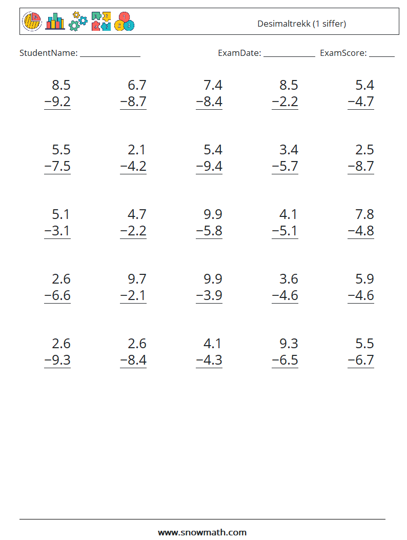(25) Desimaltrekk (1 siffer) MathWorksheets 14