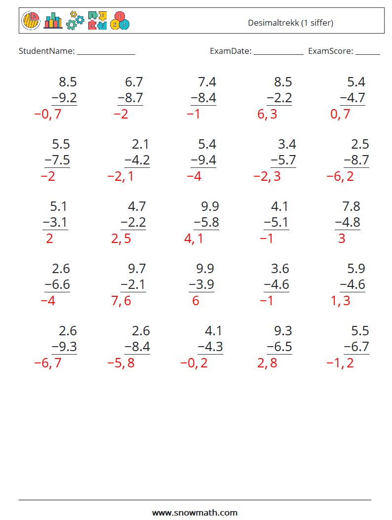 (25) Desimaltrekk (1 siffer) MathWorksheets 14 QuestionAnswer