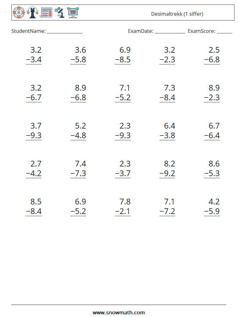 (25) Desimaltrekk (1 siffer) MathWorksheets 15