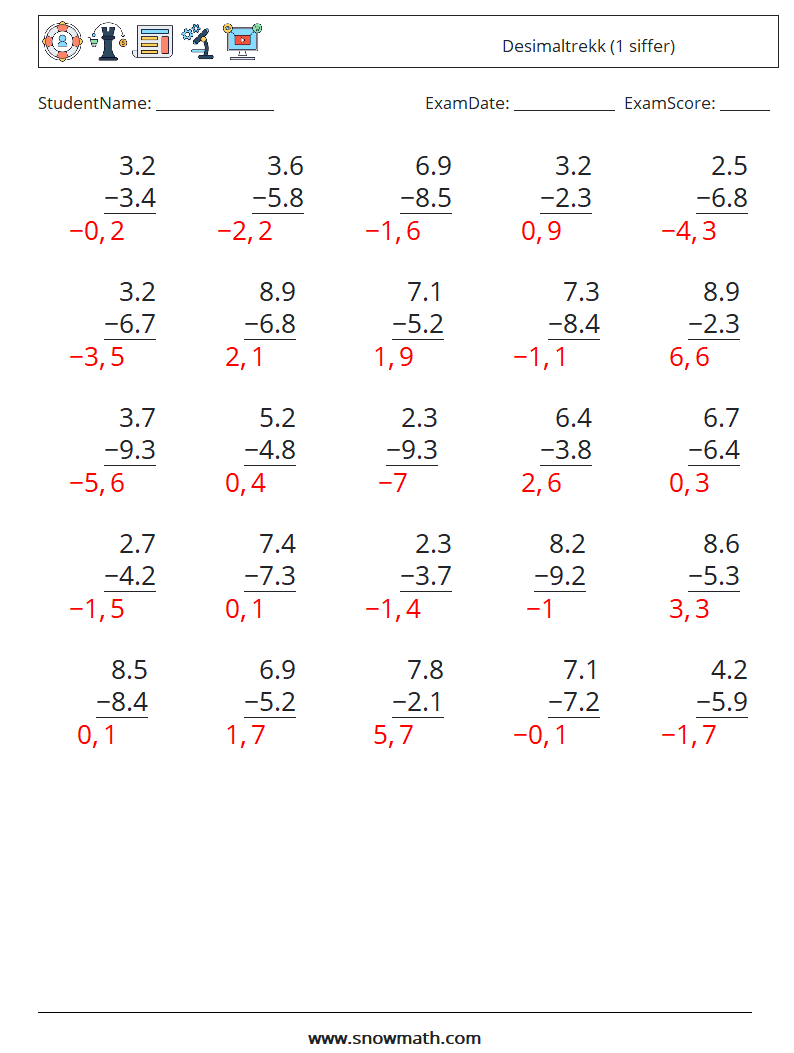 (25) Desimaltrekk (1 siffer) MathWorksheets 15 QuestionAnswer