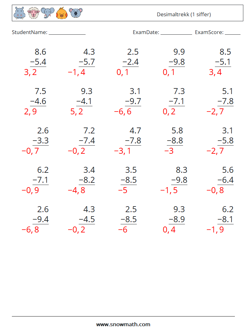 (25) Desimaltrekk (1 siffer) MathWorksheets 16 QuestionAnswer