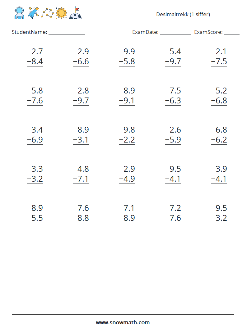 (25) Desimaltrekk (1 siffer) MathWorksheets 17