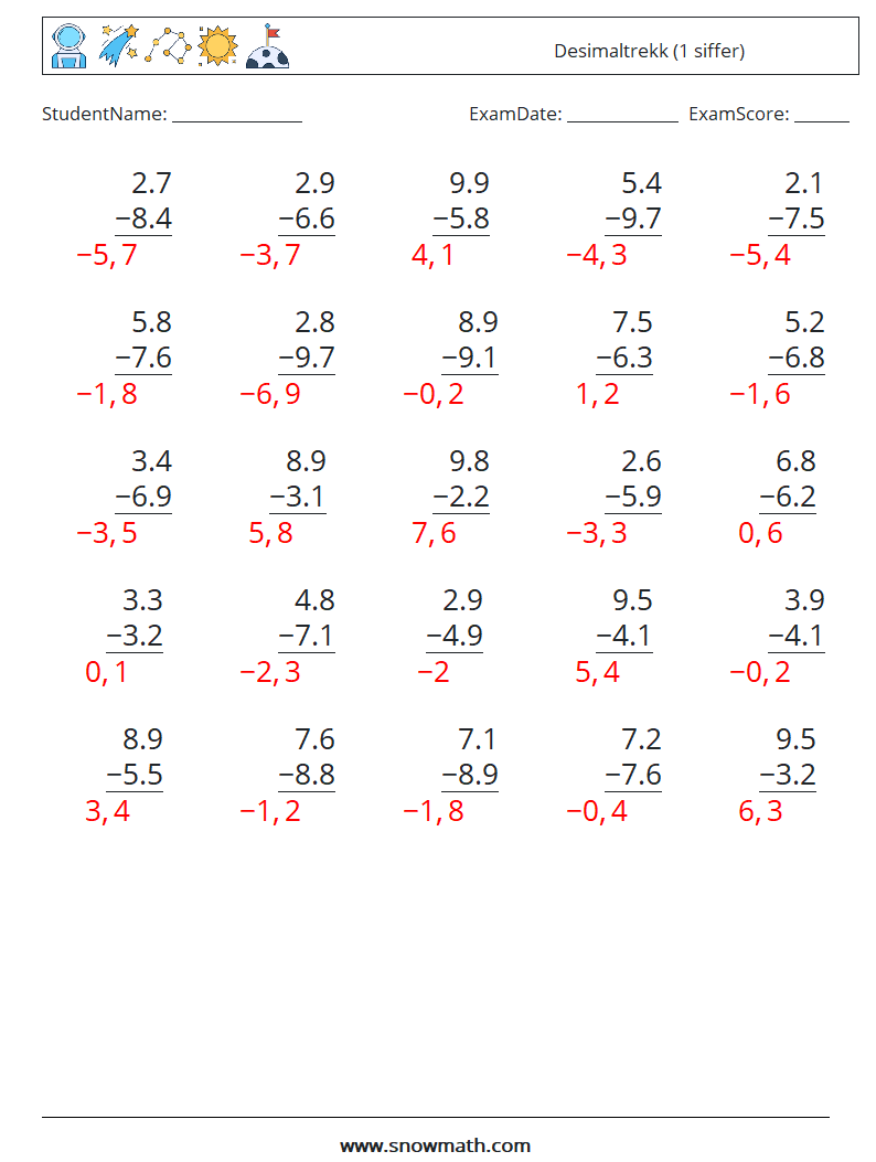 (25) Desimaltrekk (1 siffer) MathWorksheets 17 QuestionAnswer