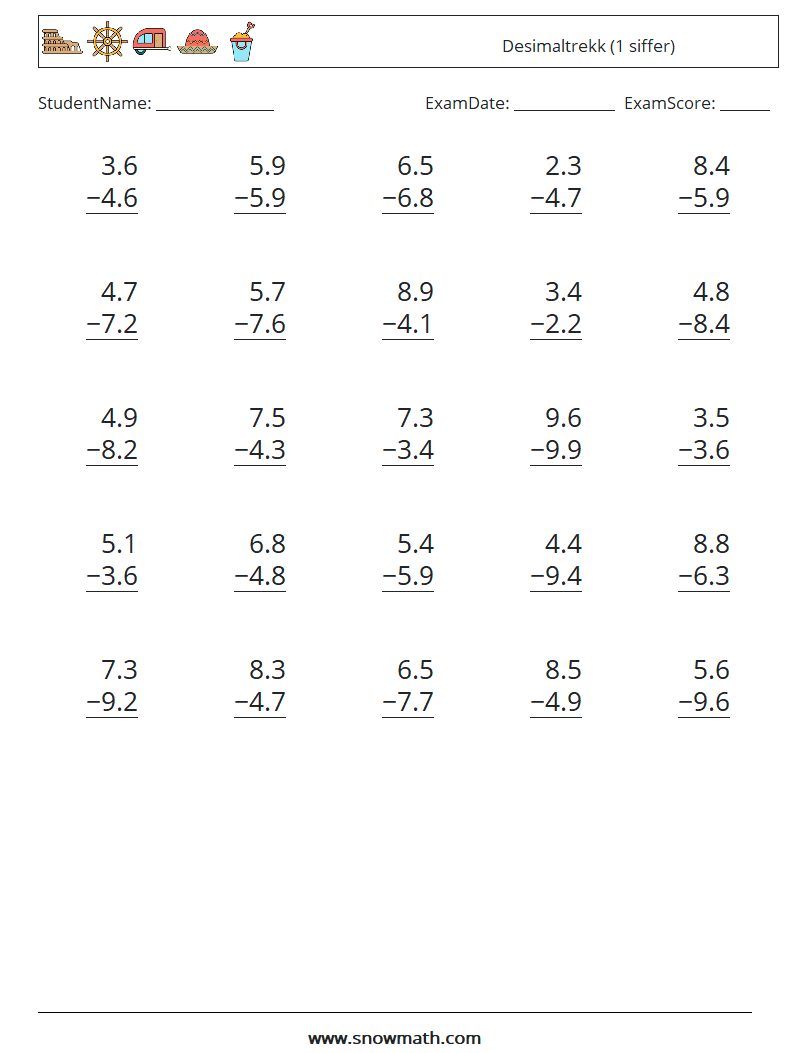 (25) Desimaltrekk (1 siffer) MathWorksheets 18