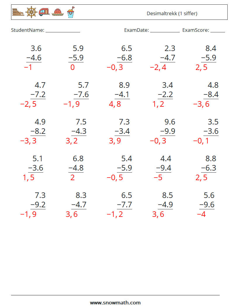(25) Desimaltrekk (1 siffer) MathWorksheets 18 QuestionAnswer