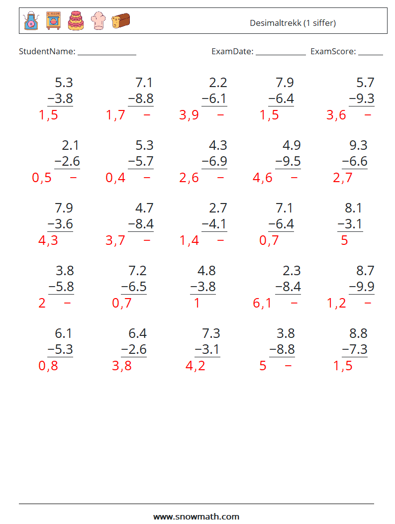 (25) Desimaltrekk (1 siffer) MathWorksheets 1 QuestionAnswer
