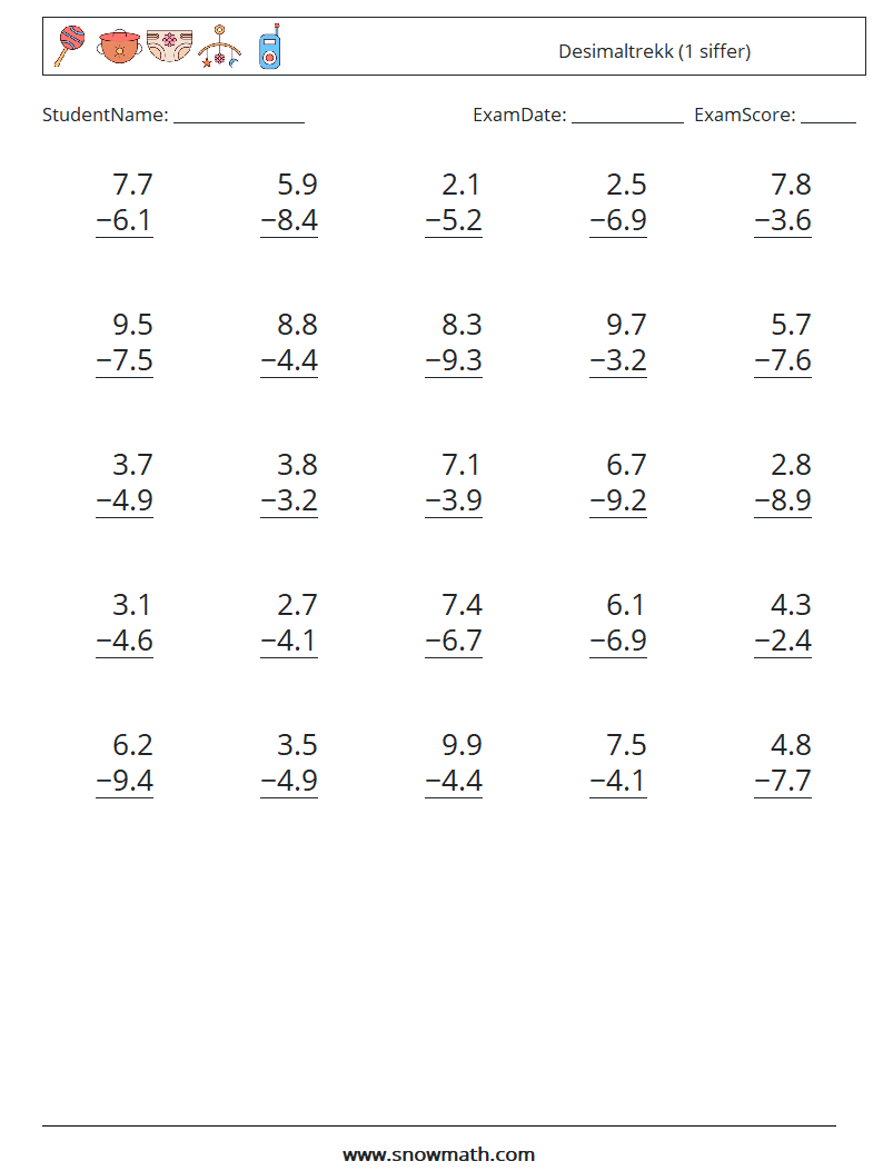 (25) Desimaltrekk (1 siffer) MathWorksheets 2