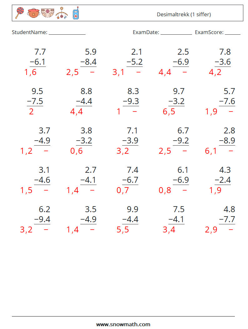 (25) Desimaltrekk (1 siffer) MathWorksheets 2 QuestionAnswer