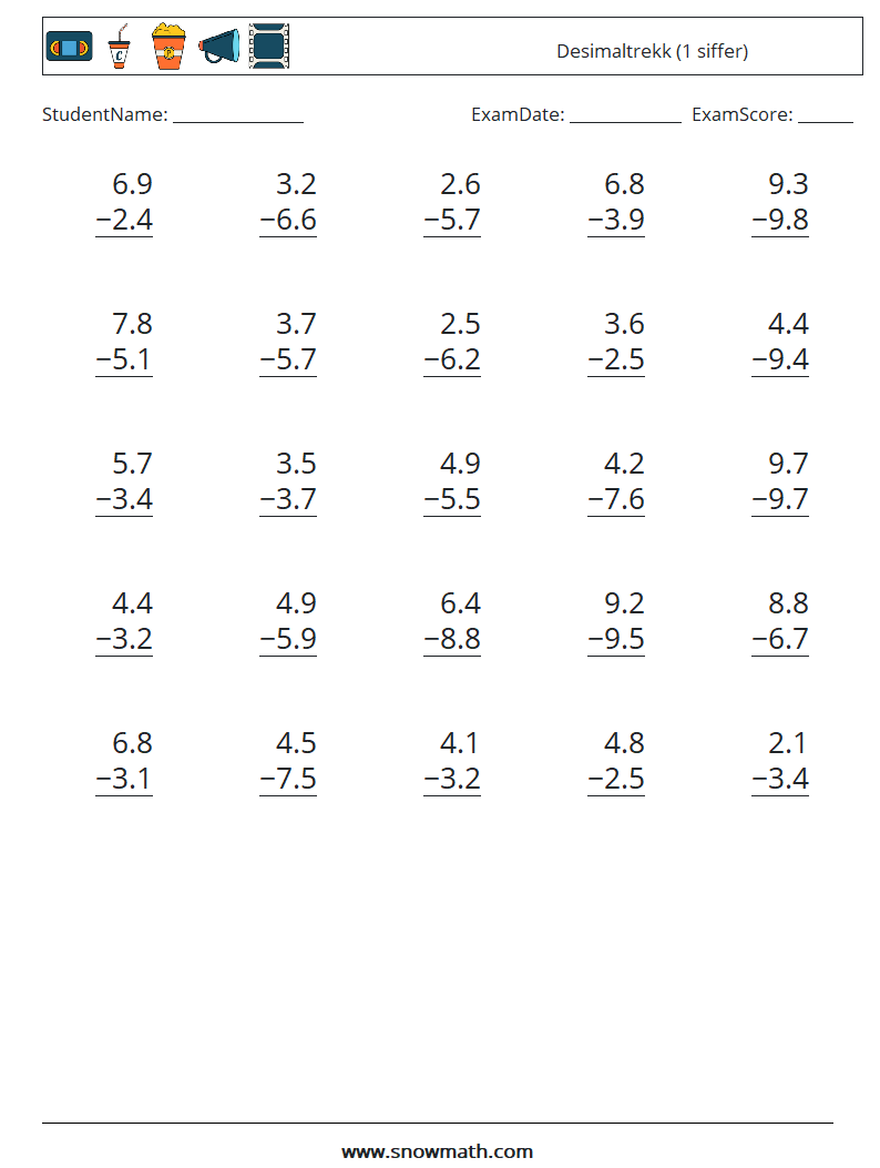 (25) Desimaltrekk (1 siffer) MathWorksheets 3
