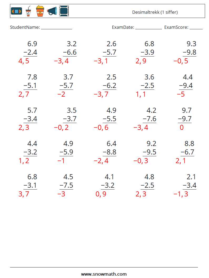 (25) Desimaltrekk (1 siffer) MathWorksheets 3 QuestionAnswer