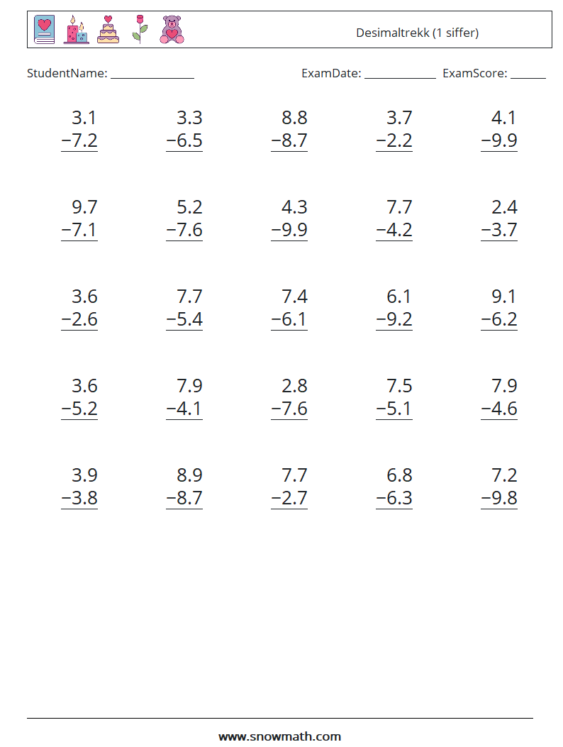 (25) Desimaltrekk (1 siffer) MathWorksheets 4