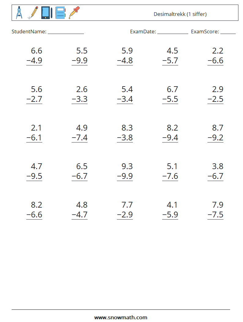 (25) Desimaltrekk (1 siffer) MathWorksheets 5