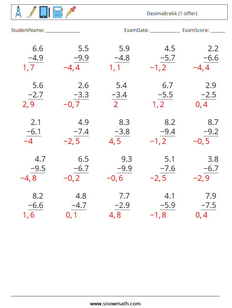 (25) Desimaltrekk (1 siffer) MathWorksheets 5 QuestionAnswer