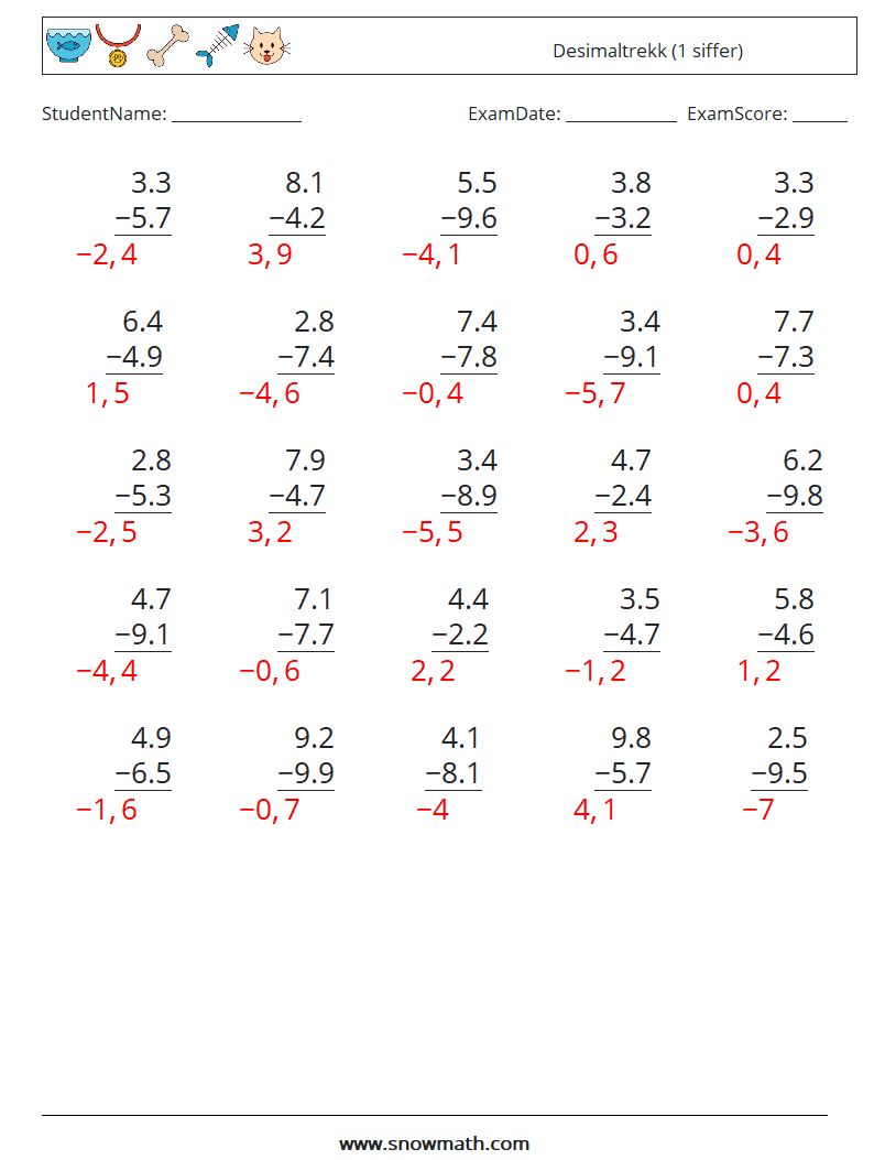 (25) Desimaltrekk (1 siffer) MathWorksheets 6 QuestionAnswer