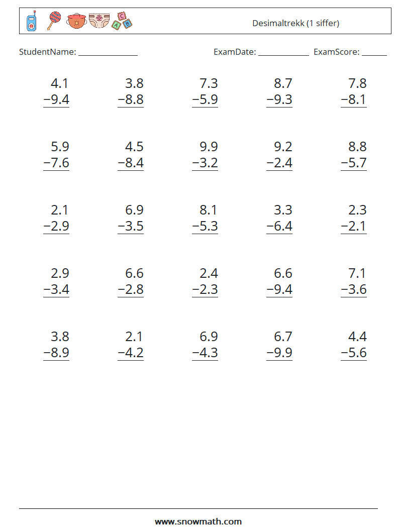 (25) Desimaltrekk (1 siffer) MathWorksheets 7