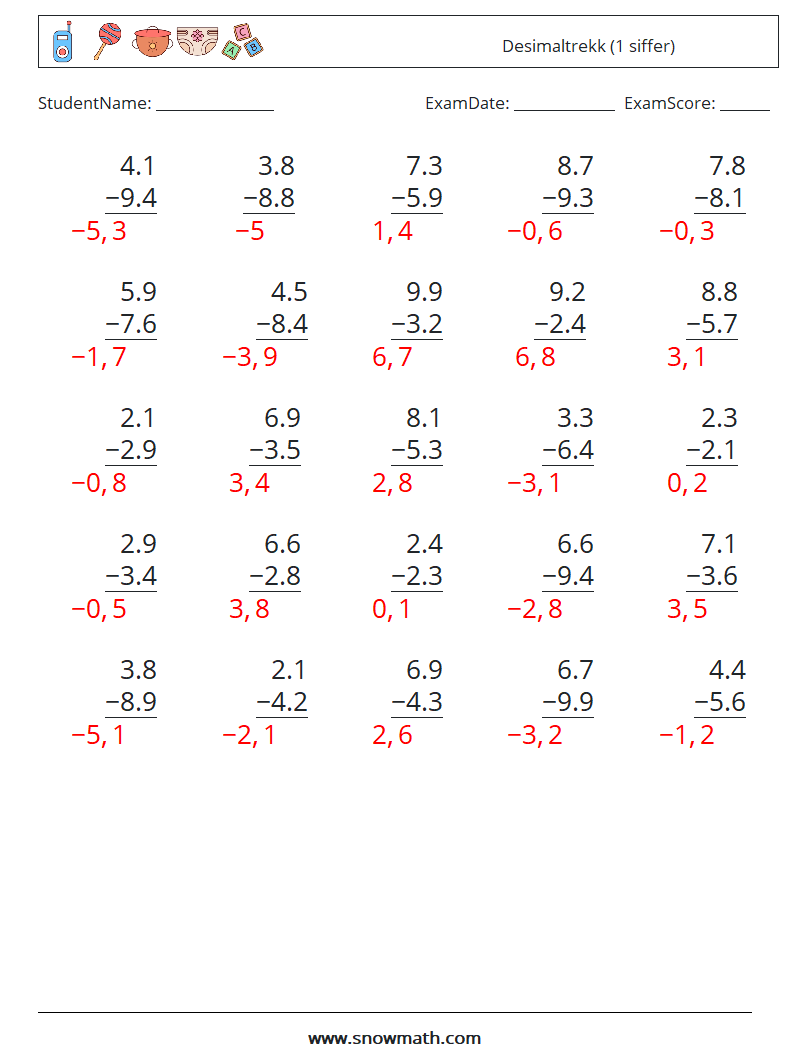 (25) Desimaltrekk (1 siffer) MathWorksheets 7 QuestionAnswer