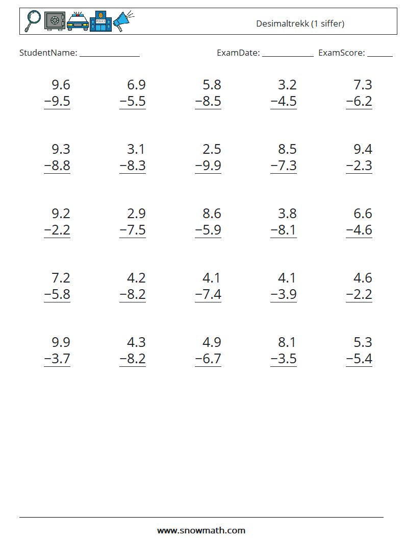 (25) Desimaltrekk (1 siffer) MathWorksheets 8
