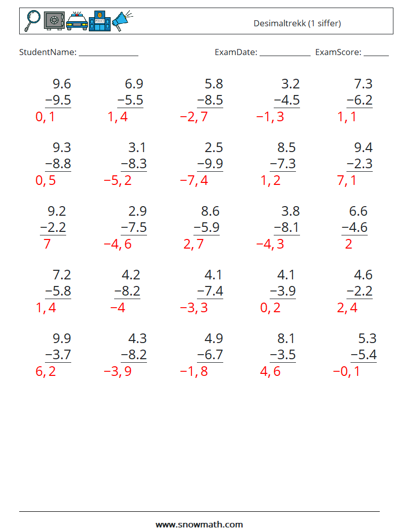 (25) Desimaltrekk (1 siffer) MathWorksheets 8 QuestionAnswer