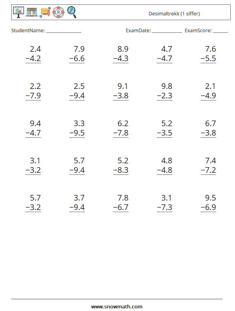 (25) Desimaltrekk (1 siffer) MathWorksheets 9