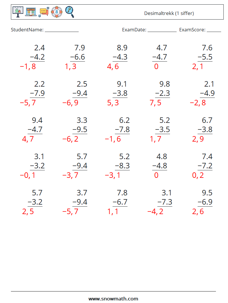(25) Desimaltrekk (1 siffer) MathWorksheets 9 QuestionAnswer
