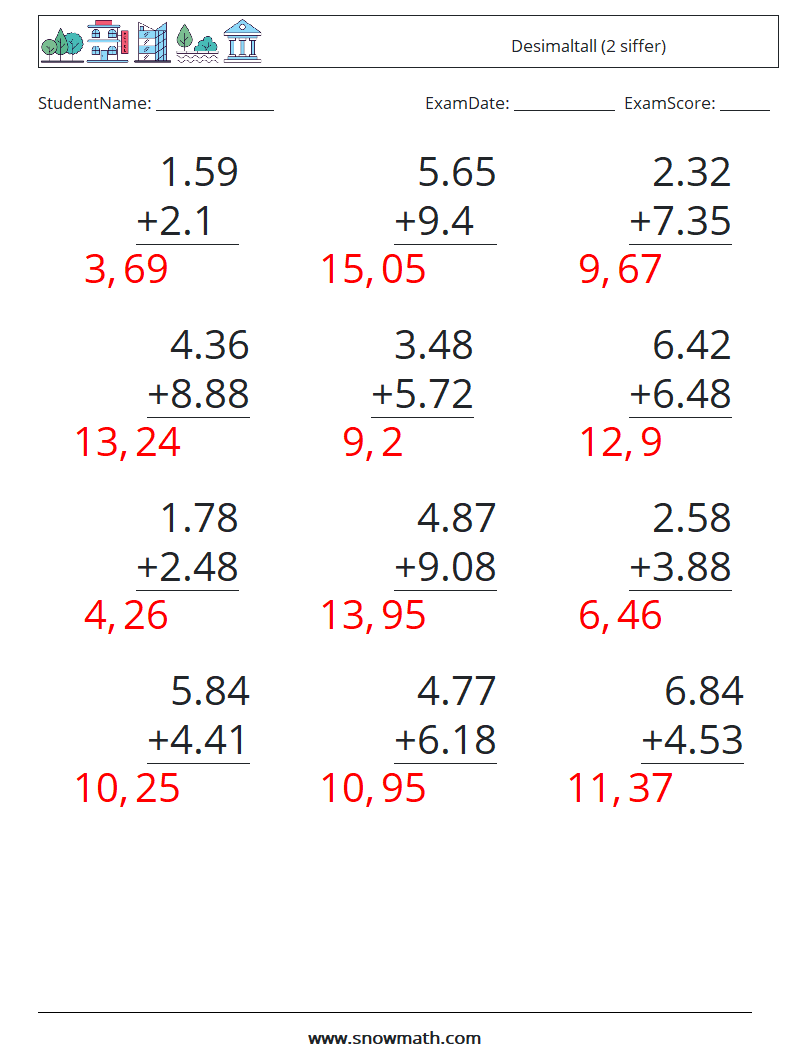 (12) Desimaltall (2 siffer) MathWorksheets 11 QuestionAnswer