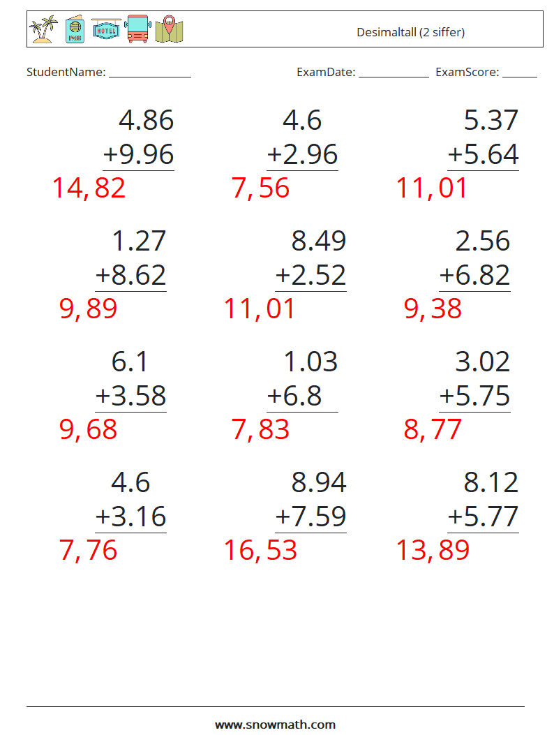 (12) Desimaltall (2 siffer) MathWorksheets 12 QuestionAnswer