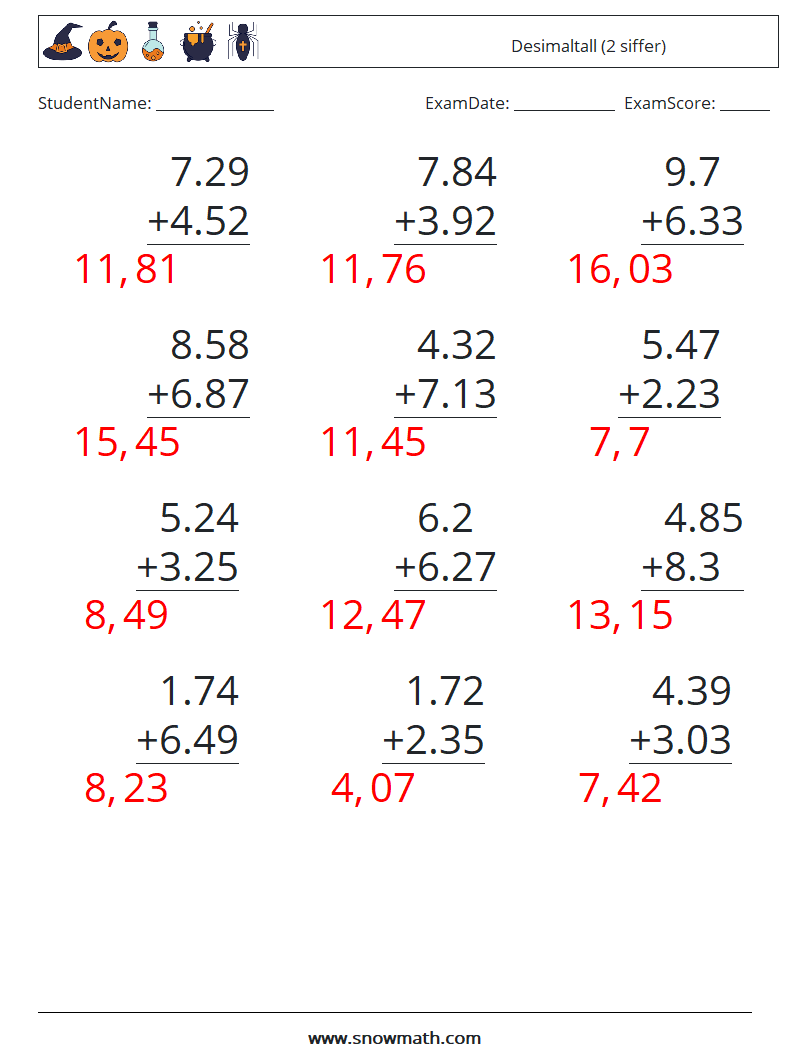 (12) Desimaltall (2 siffer) MathWorksheets 5 QuestionAnswer
