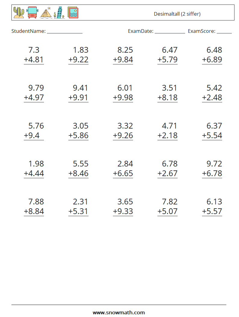 (25) Desimaltall (2 siffer) MathWorksheets 10